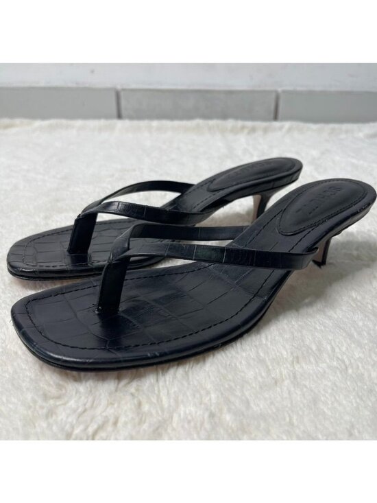 Shutz Shoes - Schutz Carolyn Black Leather Croc Thong Sandal Kitten Heel Square Toe Size 7.5